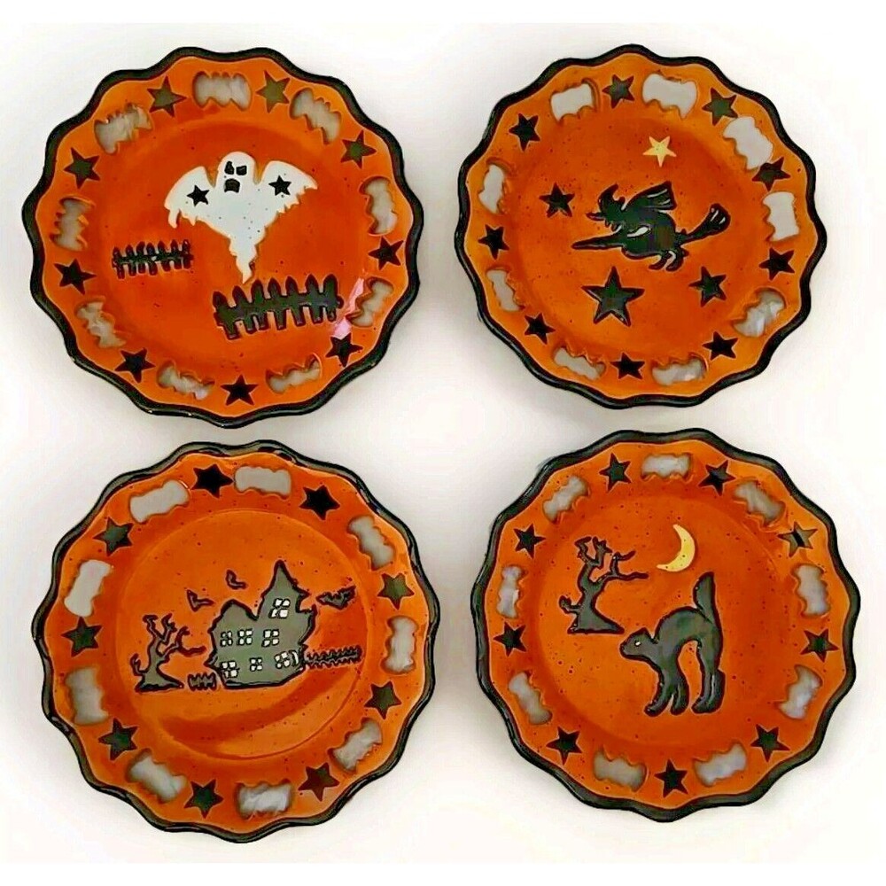 Rare Garden Ridge Halloween 4 Plates Ghost Witch Haunted House Cat Moon Star Bat